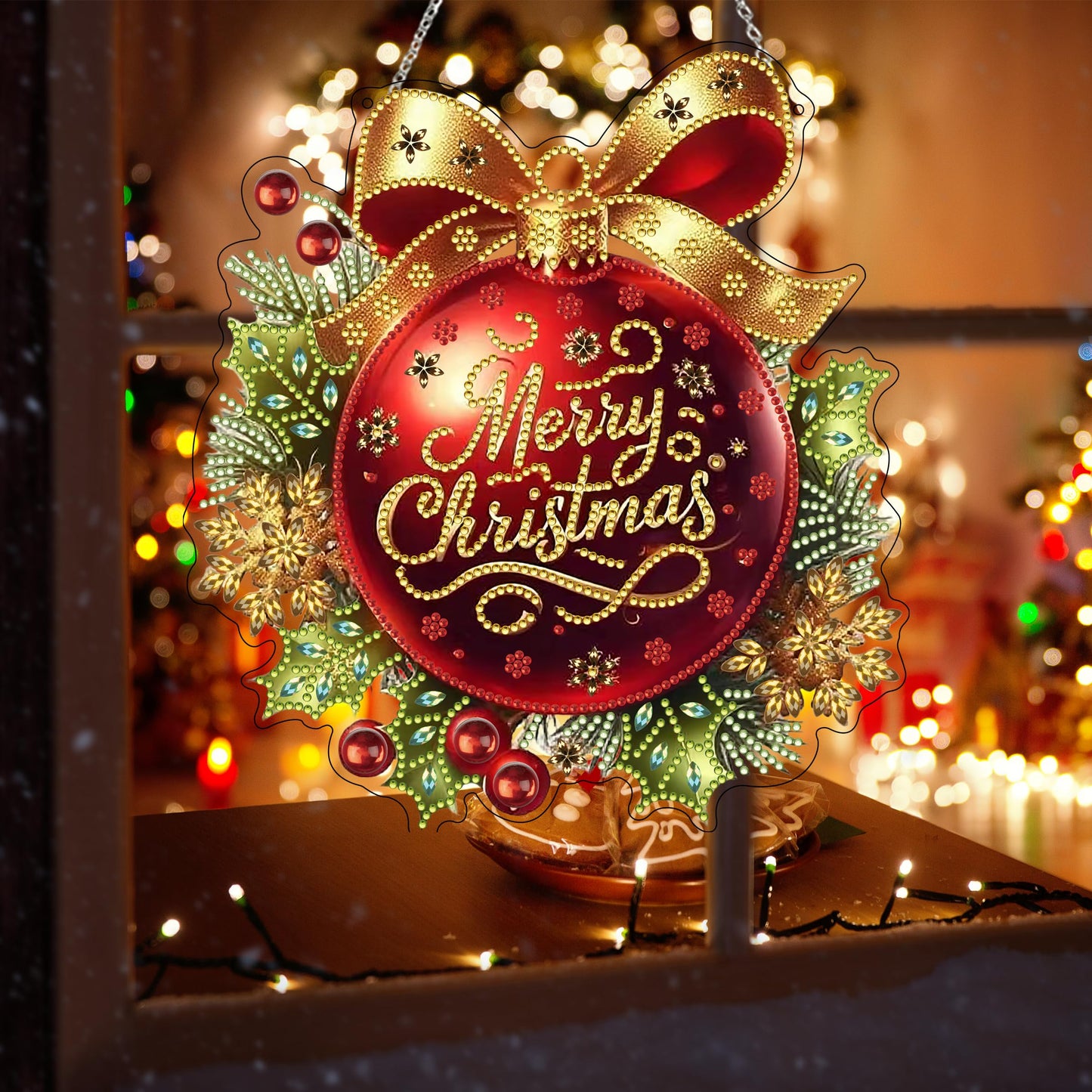 DIY Diamond Art Painting Wreath Kits，Special Shaped Rhinestone Hanging Ornament Diamond Art Window Pendants for Gift Home Garden Wall Hanging Kits,Double Sided (Merry Christmas)