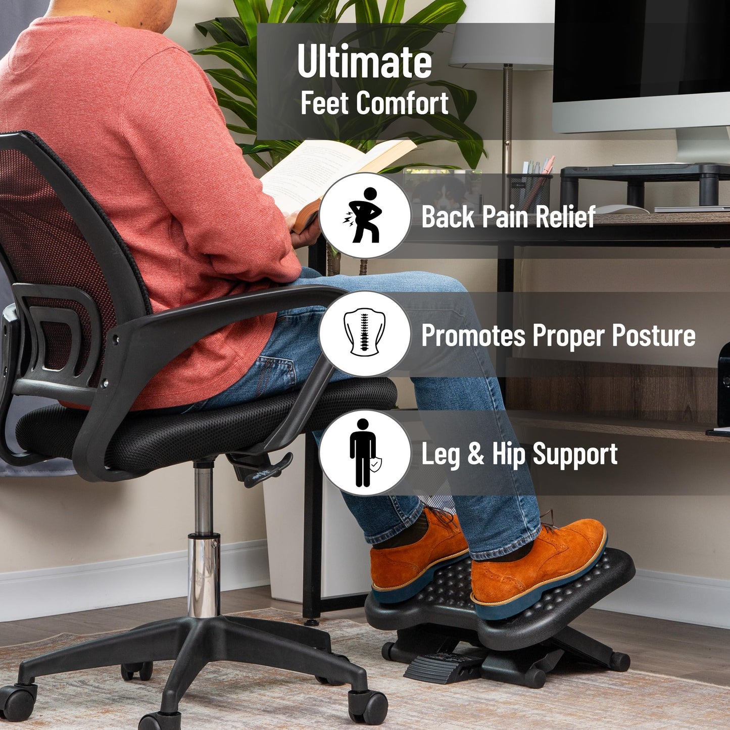 Mind Reader Foot Rest, Under Desk at Work, Ergonomic, Height Adjustable, Office, Plastic, 17"L x 13"W x 6.25"H, Black