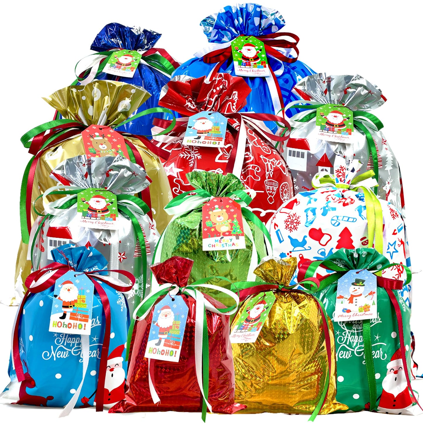 38PCS Christmas Drawstring Gift Bags Assorted Size Small Medium Large