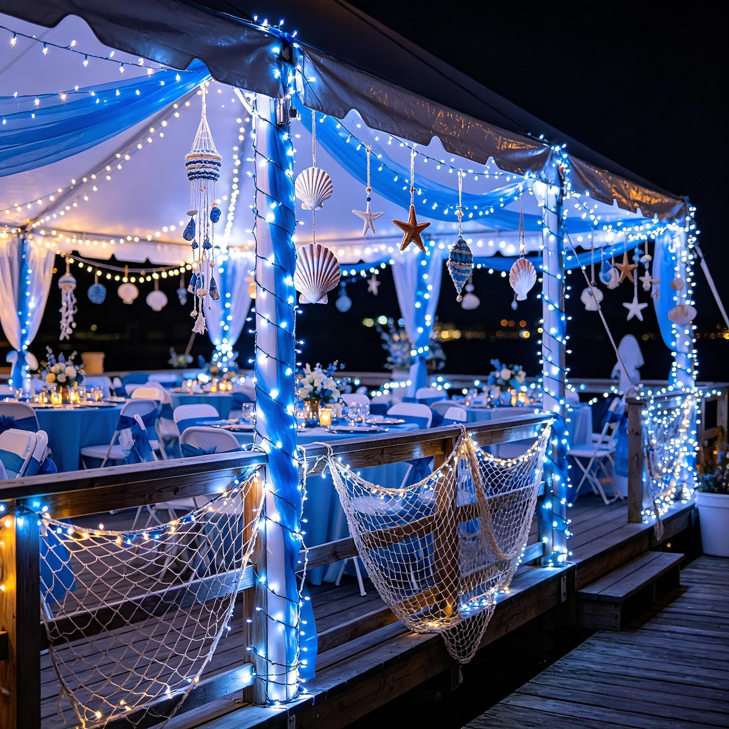 300 LED Blue White Birthday Party Decorations Ocean Party Decor String Lights with 12 Modes Timer Dimmable, Green Wire Connectable Christmas Tree Lights, 75FT Fairy Lights for Bedroom, Outside, Xmas