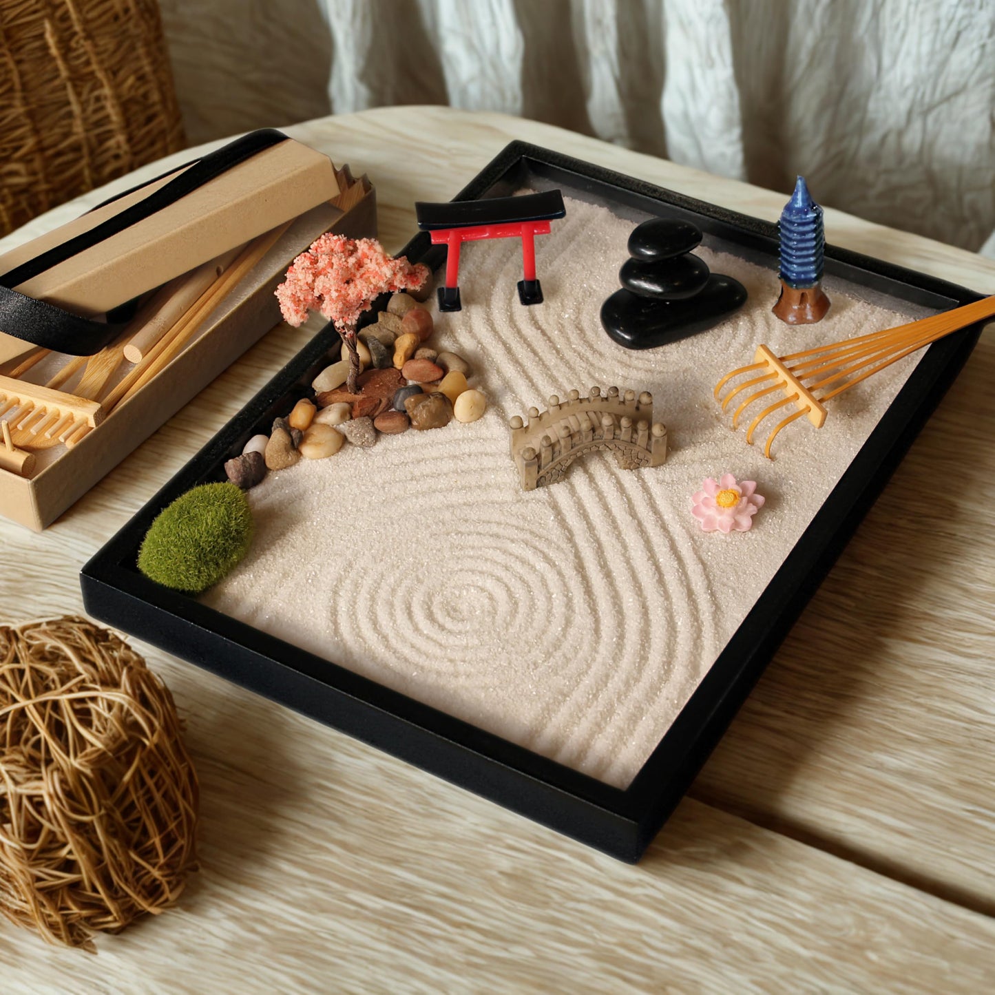 Island Falls Home Zen Garden Kit 11x8in. Beautiful Japanese Decor Mini Rock Feature Gift Set for Home, Office Desk. Zen Sand Garden, 6 Tools, 15 Accessories. Sand Tray Therapy Desktop Meditation Room