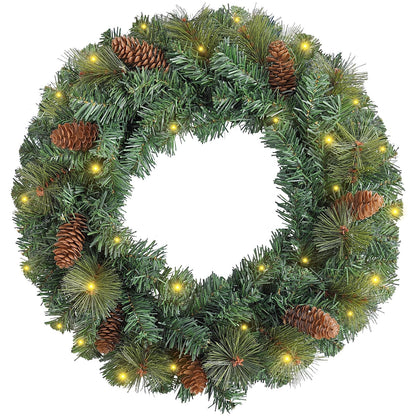 FR Artificial Pre-Lit Fir Christmas Wreath Holiday Accent Decoration, Wintry Pine, Decorated with Pine Cones, with LED Lights Battery Operated for Door, Mantel - 16 Inch