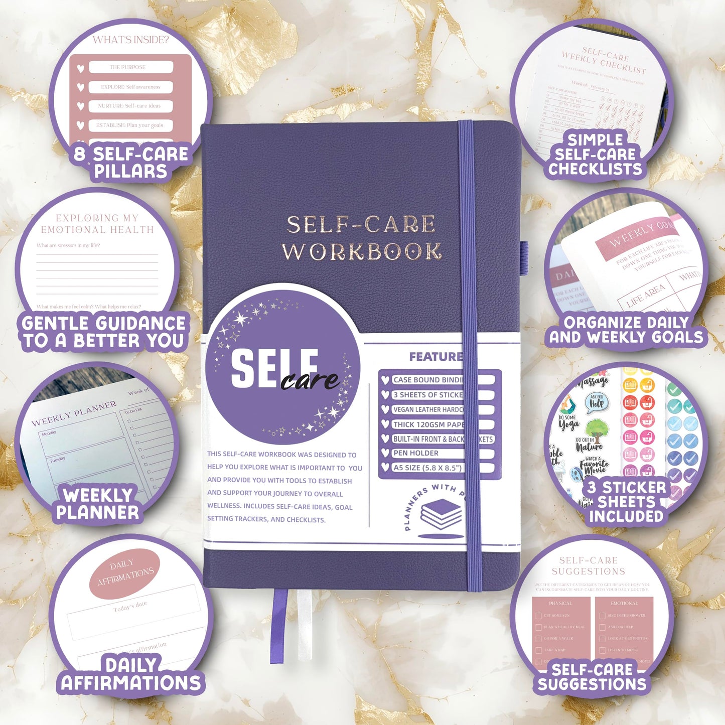 Planners with Purpose Self-Care Planner - Daily Wellness Journal with Guided Prompts, Gratitude, and Reflection - Mental Health Journal for Mindfulness, Positivity & Goal Setting Notebook for Women & Men A5 (Purple)