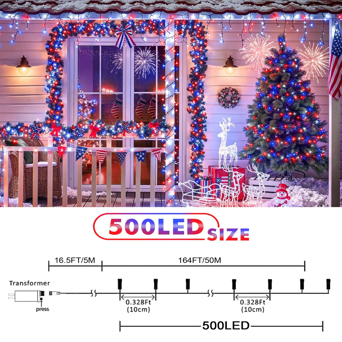 kemooie 4th of July Patriotic Decoration, 500 LED Red White and Blue Lights with 8 Modes, Outdoor Waterproof String Lights for Fourth of July, Memorial Day, Independence Day Decor