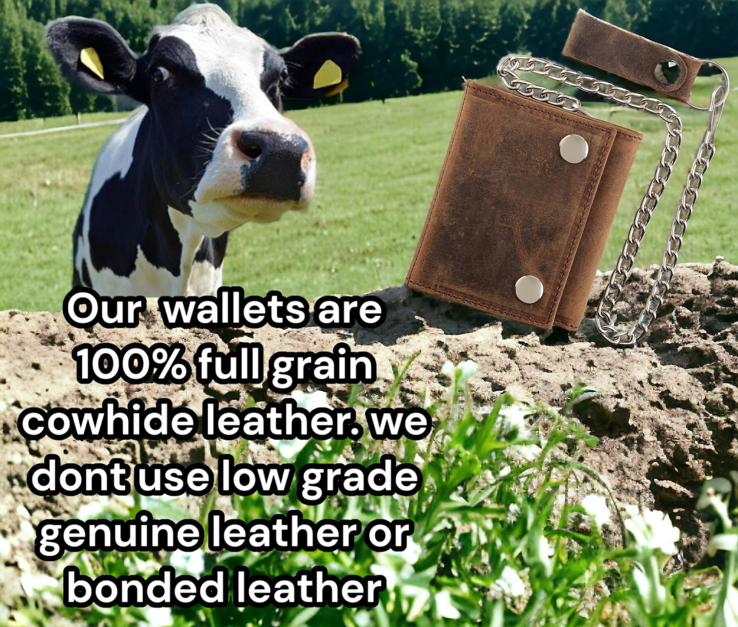 F&L CLASSIC RFID Blocking Men's Tri-fold Vintage Biker Cowhide Leather Steel Chain Wallet,Snap closure, USA,Vintage buffalo brown,315