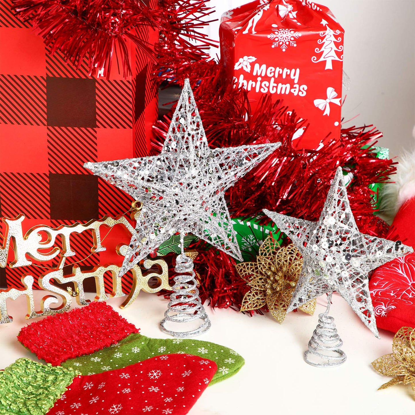 Blulu 2 Pieces Metal Glittered Christmas Tree Topper Star Treetop Hollow Wire Star Topper for Christmas Tree Ornament, 2 Sizes (Silver)
