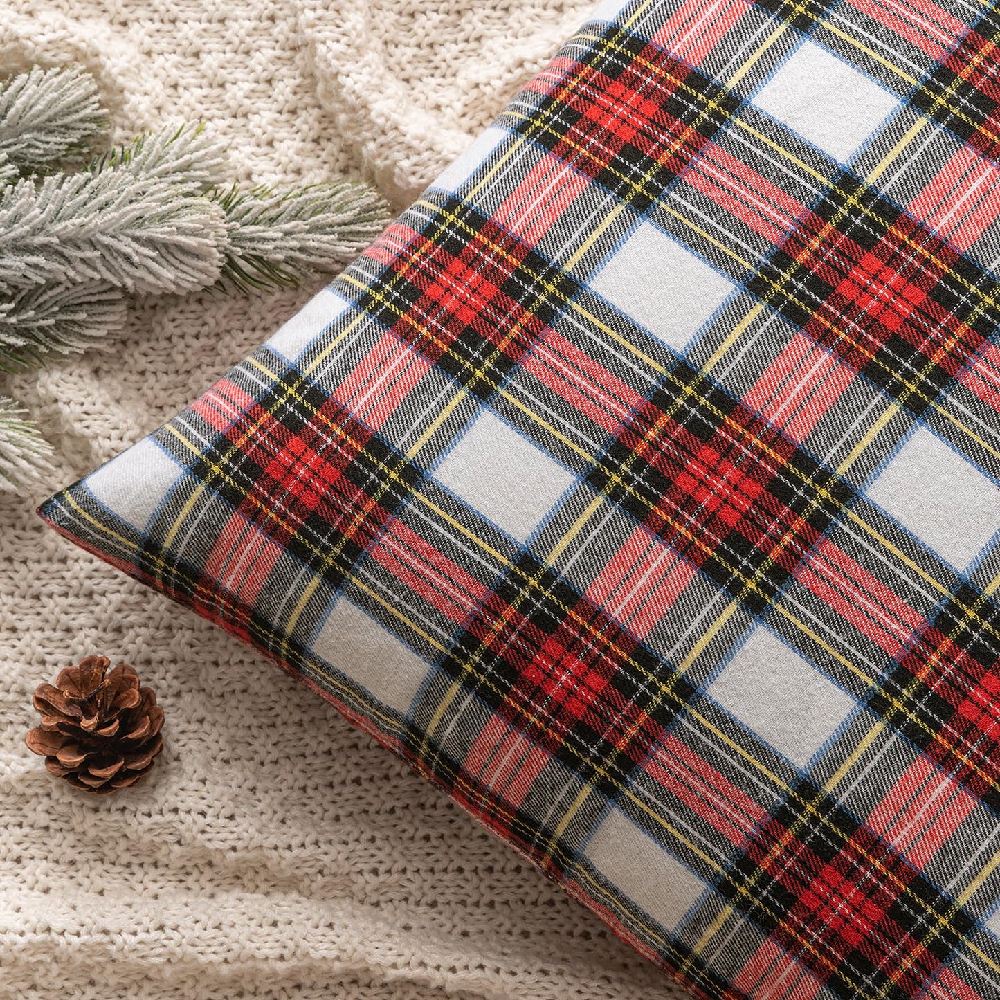 MIULEE Christmas Set of 2 Scottish Tartan Plaid Lumbar Throw Pillow Covers Farmhouse Classic Decorative Outdoor Cushion Cases for Home Decor Sofa Couch 12x20 Inch, Red and White