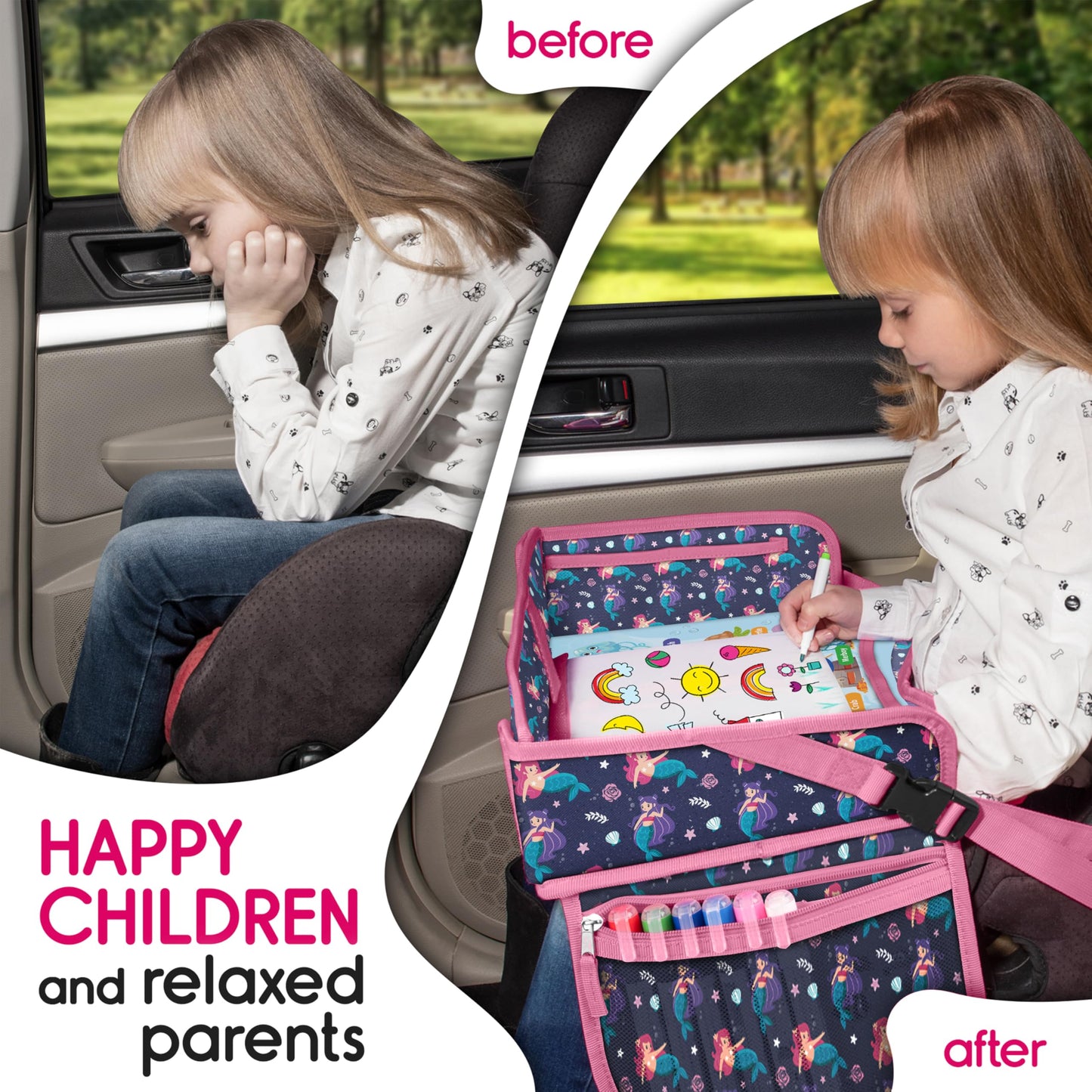 ECOFANTASY Kids Travel Tray - Waterproof Lap Table with No-Drop Large Tablet Holder - Car Seat Tray - Road Trip Essentials Kids - Car Desk Organizer for Airplane - Toddler Travel Essentials(MERMAID)