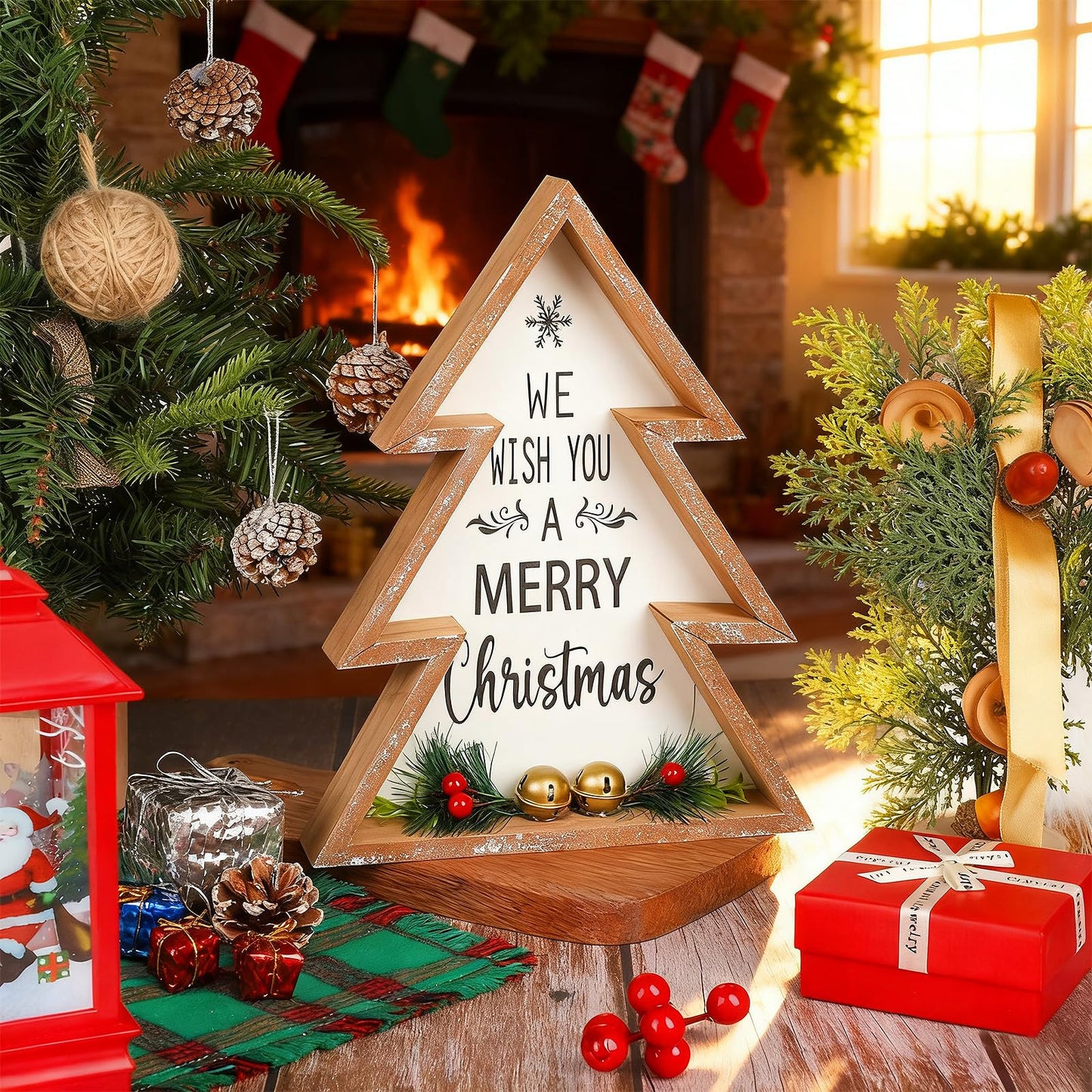 Christmas Table Decorations for Home Christmas Tree Centerpiece Decoration Indoor Wooden Farmhouse Rustic Xmas Trees Tabletop Sign Decorative Block Shelf Tiered Tray Office Desk Window Decor Party Holiday Merry
