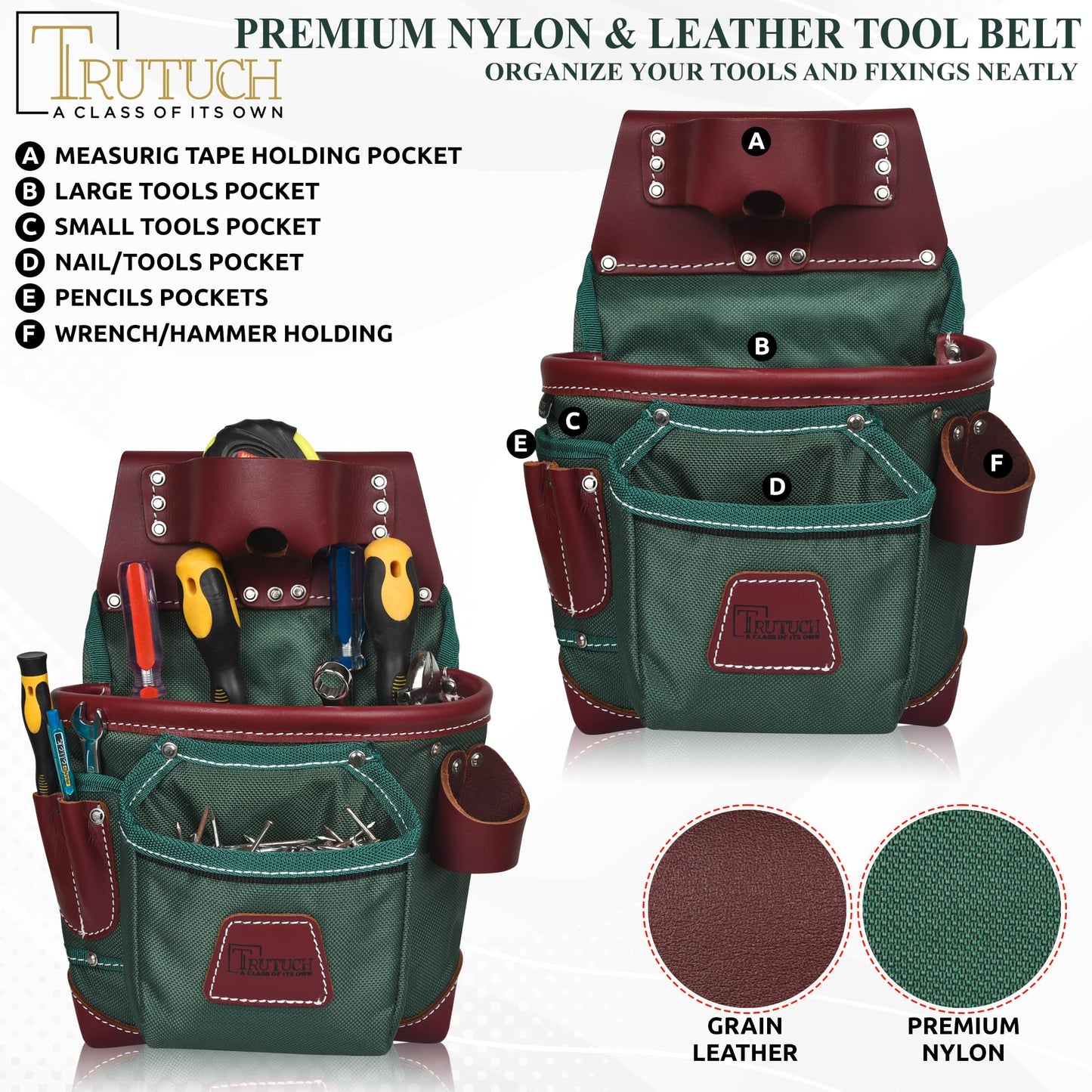 Nylon and Leather Tool Belt | Framing Bags | Leather Tool Belts | Nylon Tool Pouch | Carpenter Tool Belt | Construction | Framers | Electrician (Green)