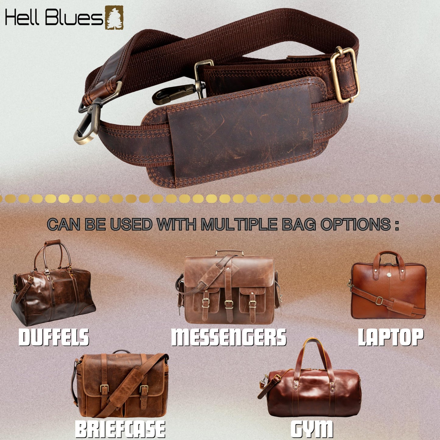 Hell Blues Bag Strap Replacement - Genuine Leather double layered with Brass Swivels Adjustable Shoulder Strap for Messenger, Laptop, Camera, Travel Bags (Cinnamon Rustic Brown)