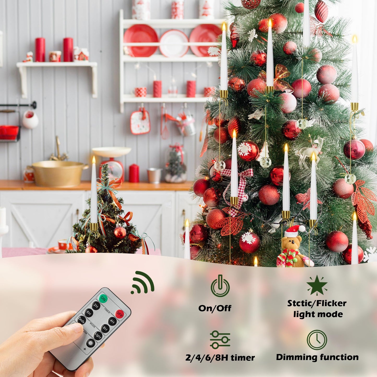 Christmas Tree Candles with Remote, 12 Pack Battery Operated Christmas Candles, LED Candlesticks for Xmas Tree Decoration, Flickering Flameless Candle for Home, Party Decor with Crystal Ball Hooks