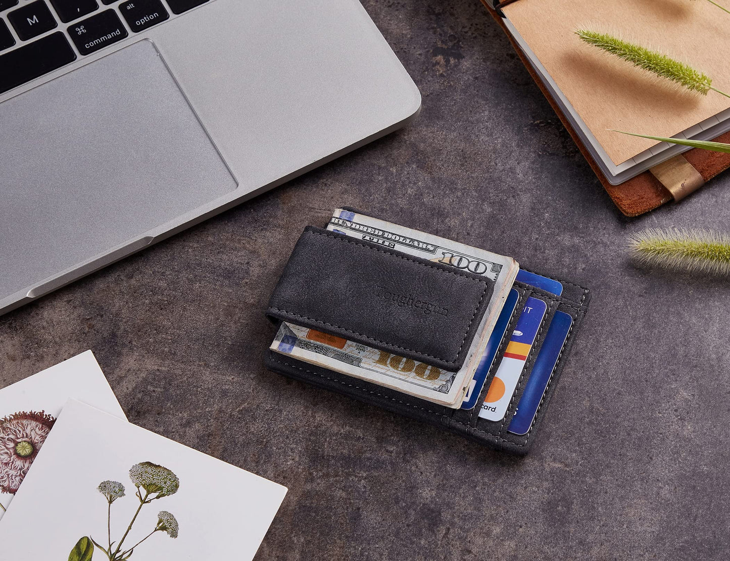 Toughergun Minimalist Wallet for Men with Magnetic Money Clip Leather Slim Wallet, Credit Card Holder RFID Blocking Front Pocket Holds Cash and Cards (Deep Grey)