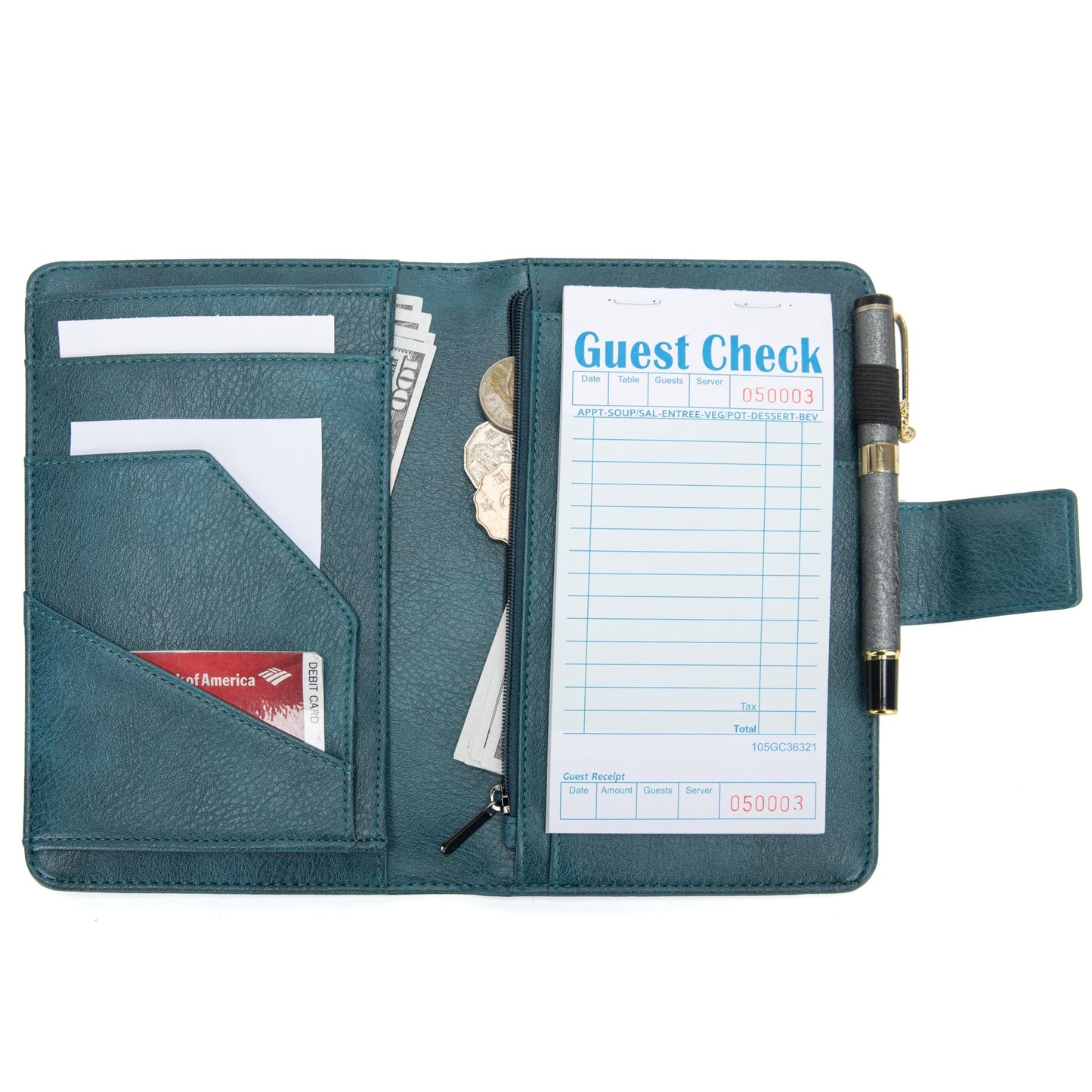 Server Book with Zipper Pocket and Magnetic Closure, Server Books for Waitress, Leather Waitstaff Organizer with High Volume Money Pocket, Fit Server Apron (Green)