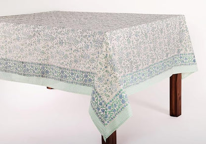 ATOSII Aster Blue 100% Cotton Fall Tablecloth, Handblock Floral Print Rectangle Linen for Kitchen Dining I Parties Weddings Christmas Thanksgiving Easter Outdoors I 72 X 108 Inches I 8 Seater Table