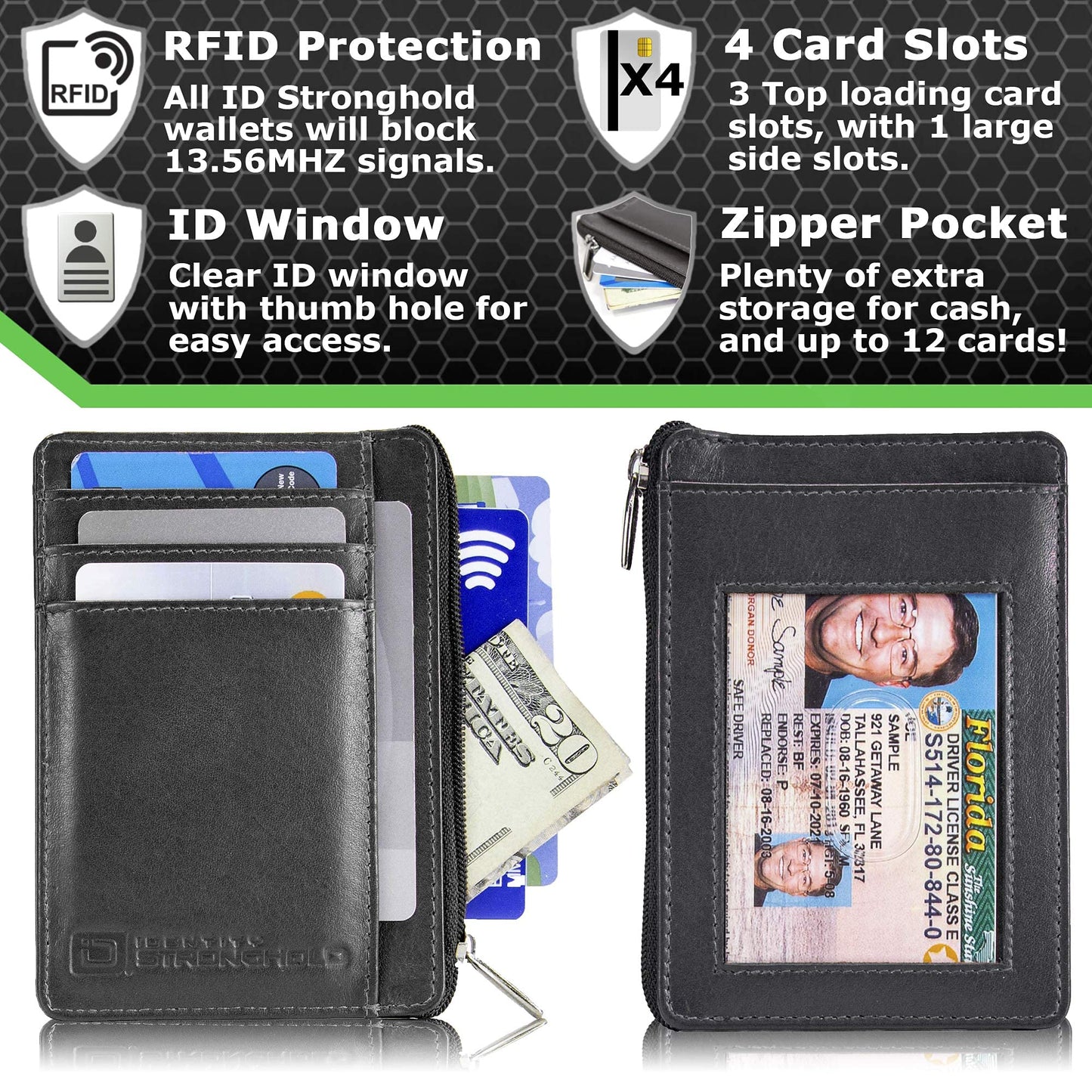 ID Stronghold RFID Front Pocket Wallet Mini Minimalist Wallet Slim Wallet Genuine Leather with Zipper, Small Black