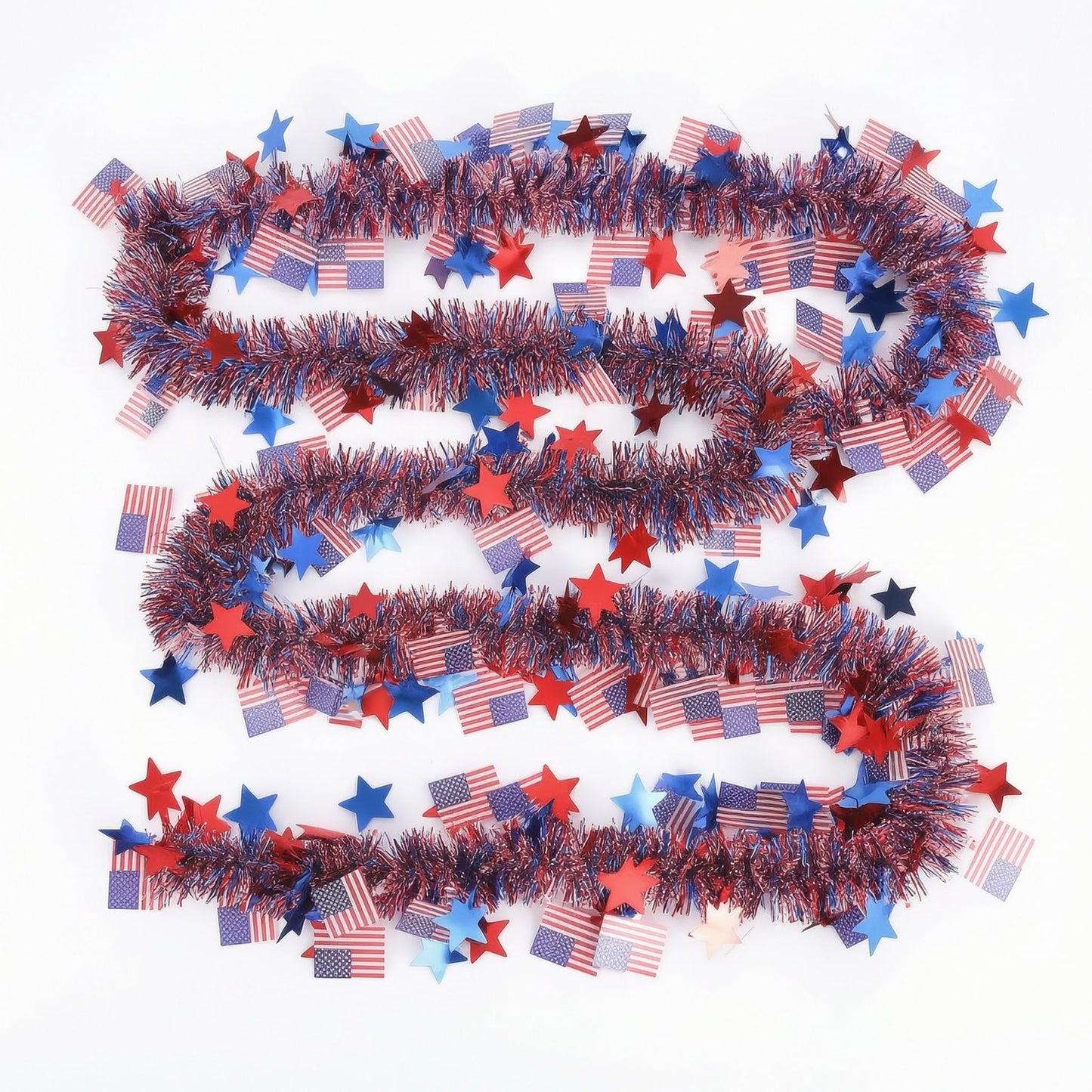 LKBBC 4th of July Tinsel Garland, 52.5 Ft Patriotic Red, White, and Blue Sparkly Glitter Star Flags Metallic Garlands Home Garden Tree Decorations for Independence &Memorial Day