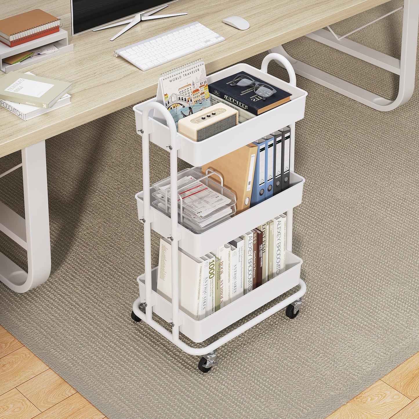 Boeeoan 3-Tier Utility Cart with Wheels, Rolling Cart, Storage Shelves, Multi-Functional Organizer Cart for Bathroom, Office, Kitchen, White