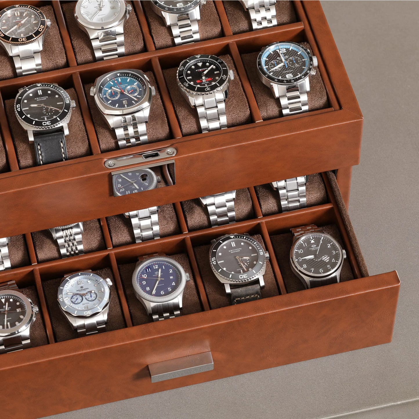 ROTHWELL 20 Slot Leather Watch box - Luxury Case Display Jewelry Organizer, - Locking Display Case Holder with Large Real Glass Top - Watch Box Organizer for Men and Women (Tan/Brown)