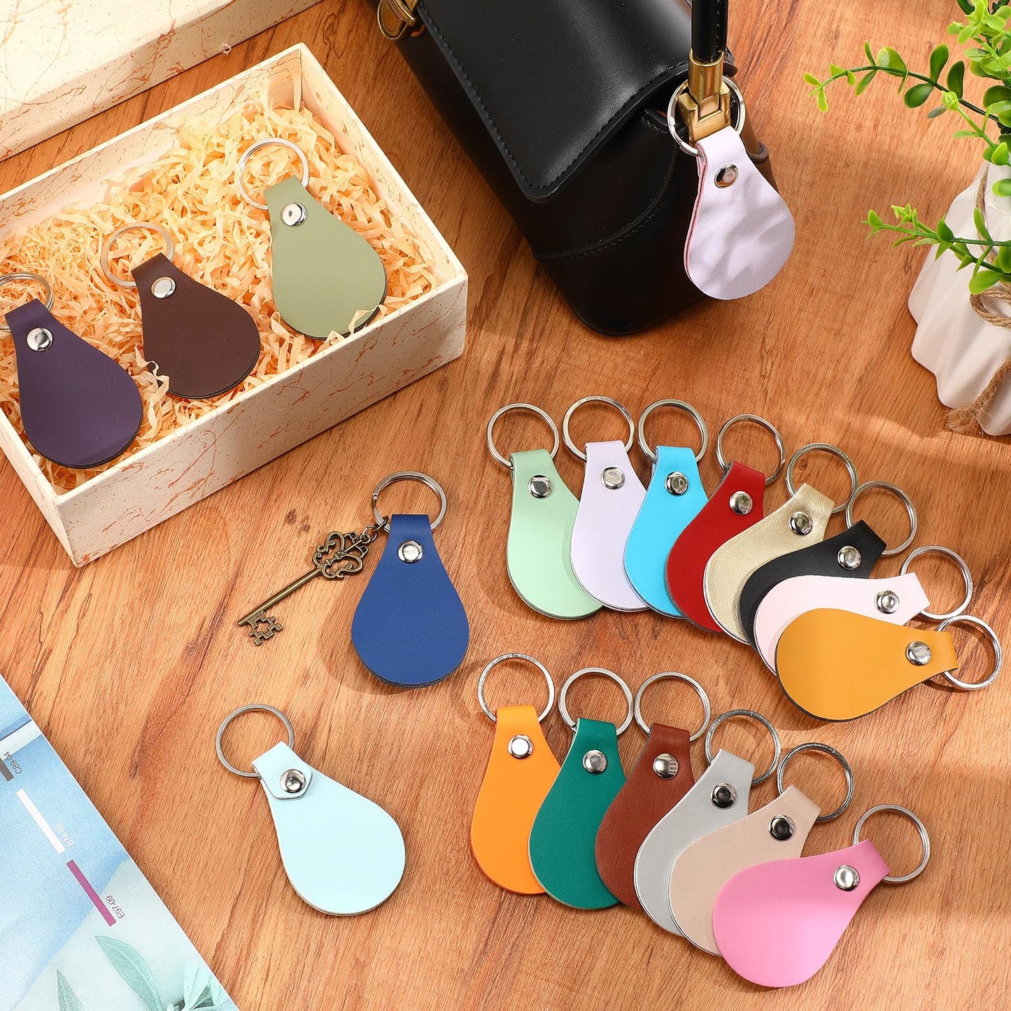 Sasylvia 100 Pcs Leather Key Fob Kit Leather Keychain Blanks with Rivets and Key Rings for Laser Engraving DIY Making Leather(Multicolored)