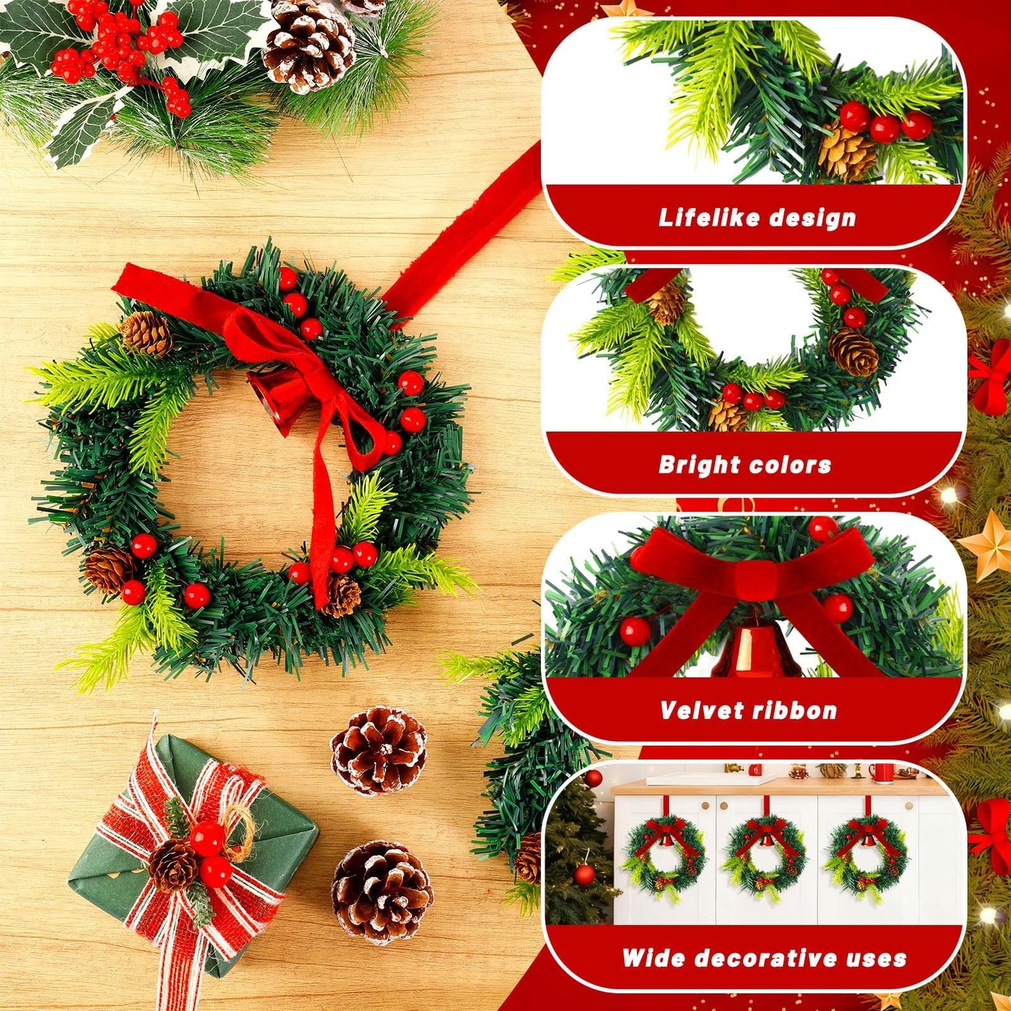 Wurosi 8 Pcs Mini Christmas Wreath, 7.87 Inch Christmas Kitchen Cabinet Wreaths with Velvet Ribbon and Berry, Small Christmas Wreaths for Cabinets Window Front Door Porch Wall Decor