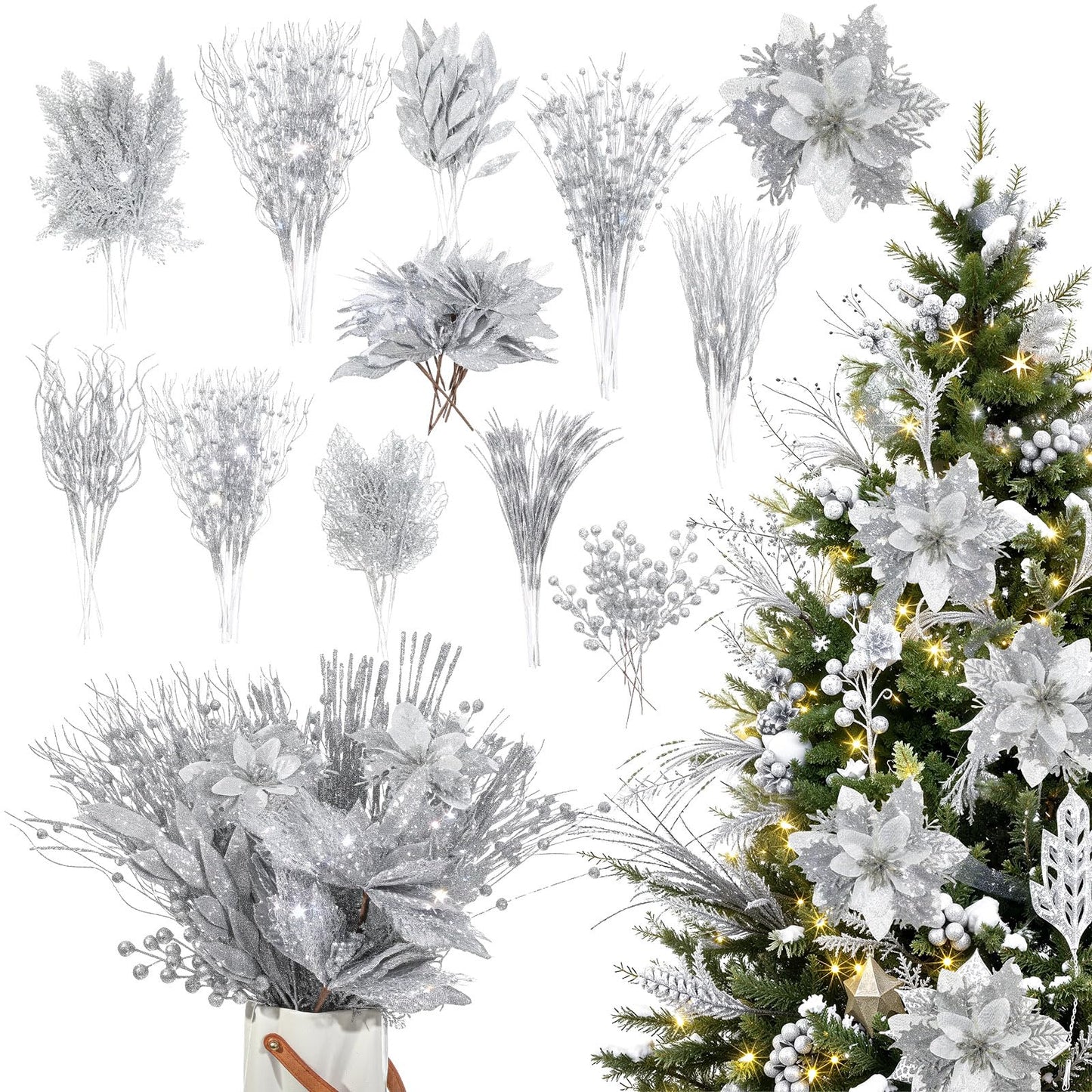 Yerliker 108 Pcs Sliver Glitter Christmas Picks and Sprays, 12 Styles Artificial Christmas Floral Berry Branches Flowers Stems for Xmas Tree Ornaments Wreath Garland DIY Vase Holiday Party Decor