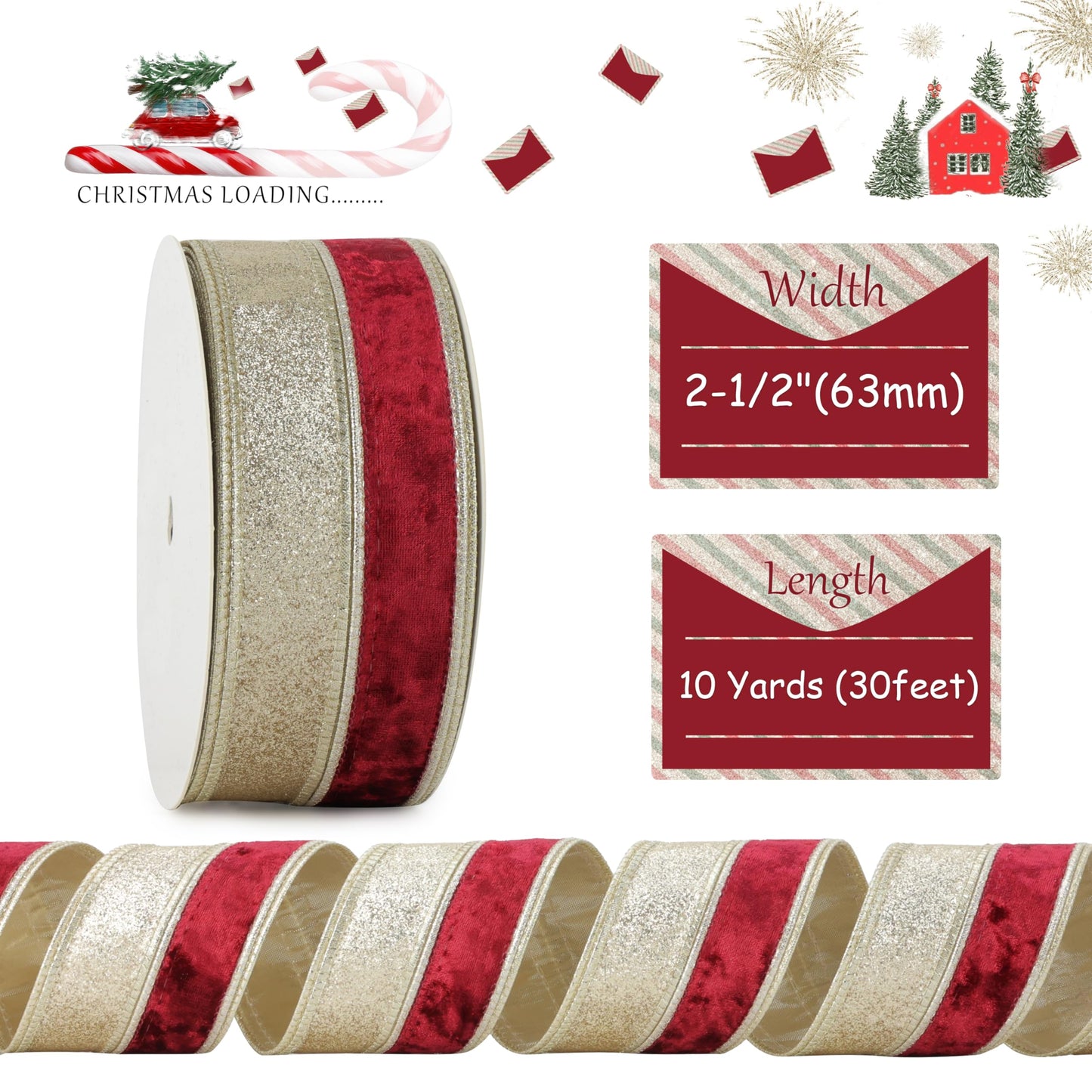 DINDOSAL Burgundy Velvet Wired Ribbon, 2.5 Inch x 10 Yards