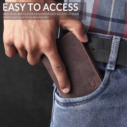 FOXHACKLE Leather Credit Card Holder For Men and Women, Small RFID Blocking Bifold Wallet (With ID Slot, Hunter Coffee Brown)