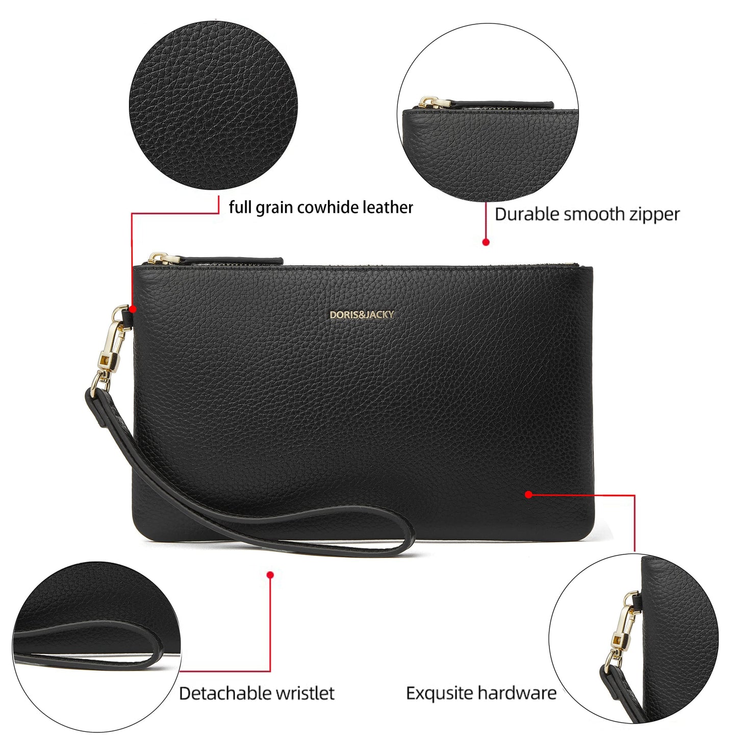 DORIS&JACKY Small Leather Wristlet Clutch Purse for Women Slim Designer Wallet and Cellphone Pouch Bag With Detachable Strap (Black)