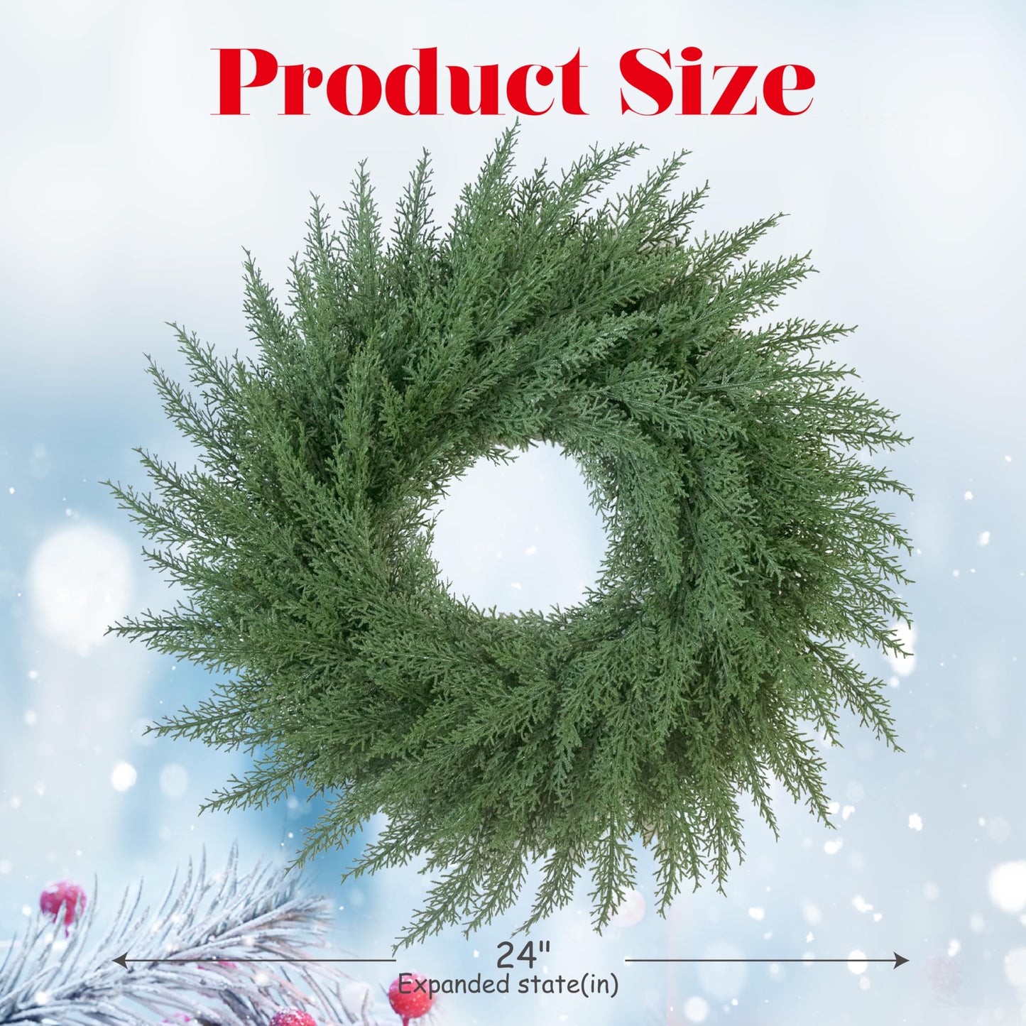 24 Inch Christmas Cedar Cypress Wreath – Artificial Greenery Wreath for Front Door, Farmhouse Holiday Winter Decor and Year-Round Indoor Outdoor Home Decoration