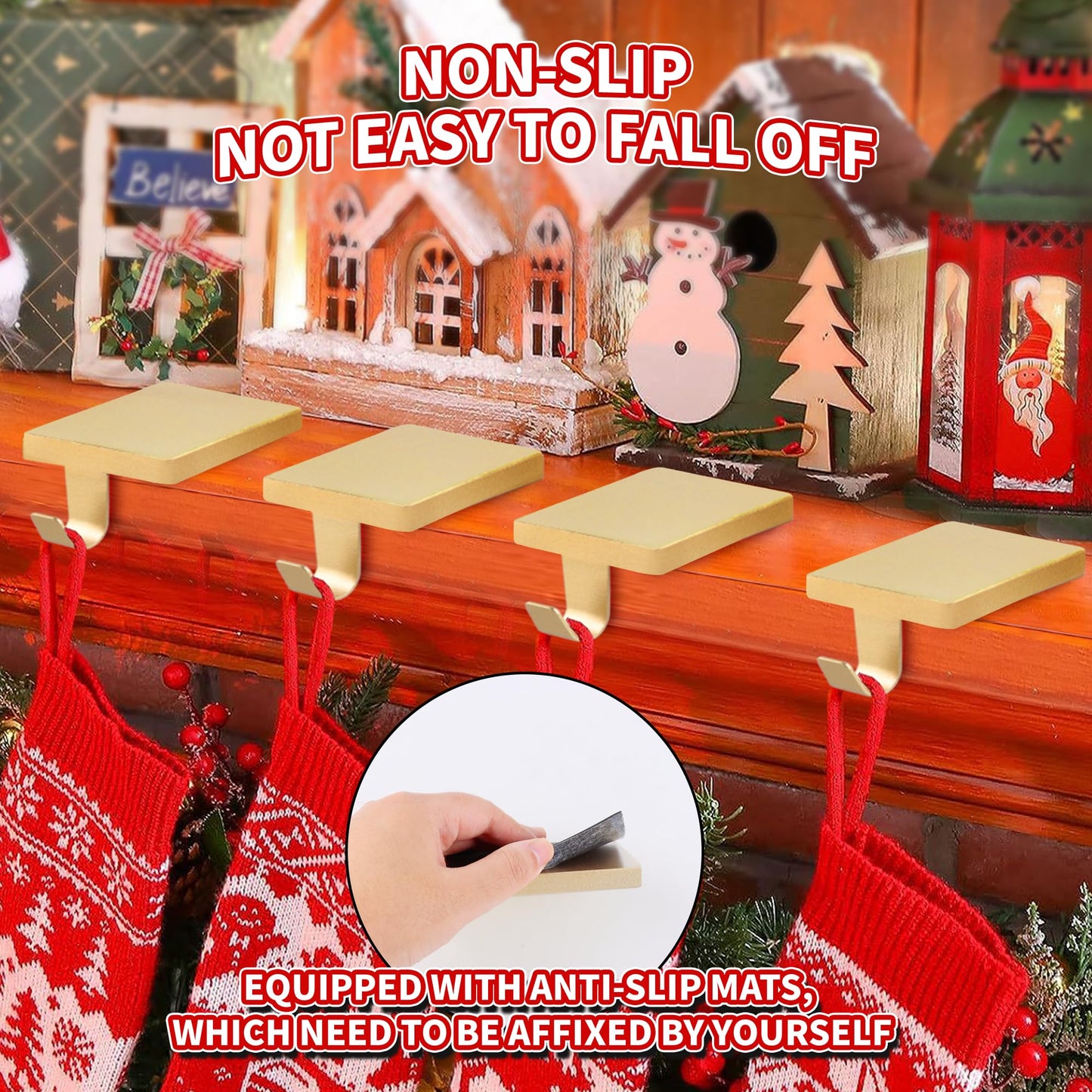 Anrgterg 4 Pcs Christmas Stocking Holders, Mantel Stocking Hangers Metal Hanging Hooks with Protective Pads for Xmas Holiday Counter Window Home Table Gold