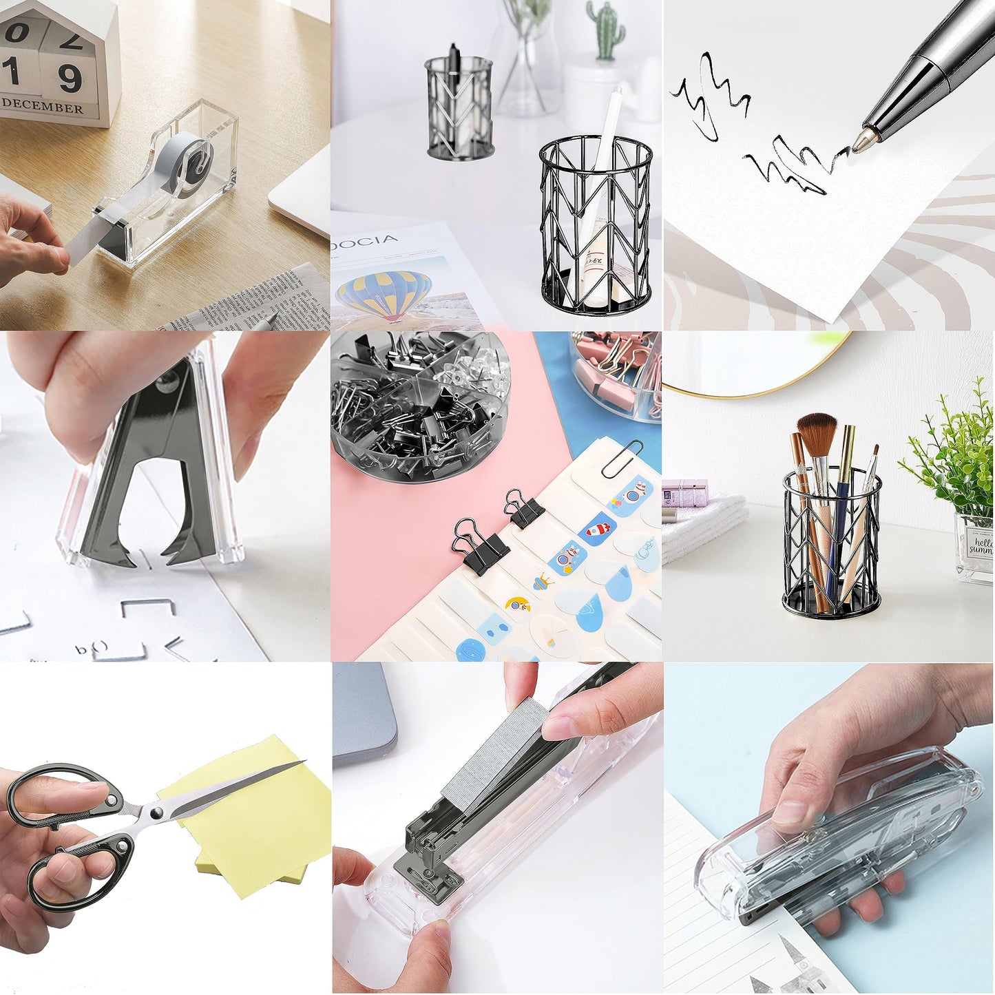 Office Desk Accessories，Office Supplies Set Acrylic Stapler Set Staple Remover, Tape Holder, Pen Holder, 2 Ballpoint Pen, Scissor, Binder Clips, Paper Clips and 1000pcs Staples(Black)