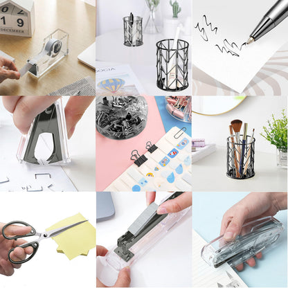 Office Desk Accessories，Office Supplies Set Acrylic Stapler Set Staple Remover, Tape Holder, Pen Holder, 2 Ballpoint Pen, Scissor, Binder Clips, Paper Clips and 1000pcs Staples(Black)