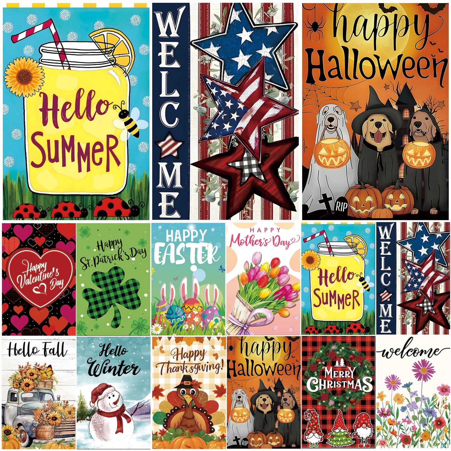 Seasonal Garden Flags Set of 12 Double Sided 12x18 Inch, Small Yard Flags for Outside, Spring Summer Fall Winter & Holiday Outdoor Decor, 4th of July Halloween Christmas Decorations for All Seasons