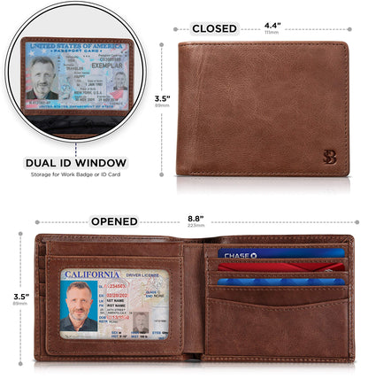 SERMAN BRANDS 2 ID Window Wallet for Men RFID Blocking Leather, Bifold Top Flip, Extra Capacity Travel Wallet (Morning Roast Executive)