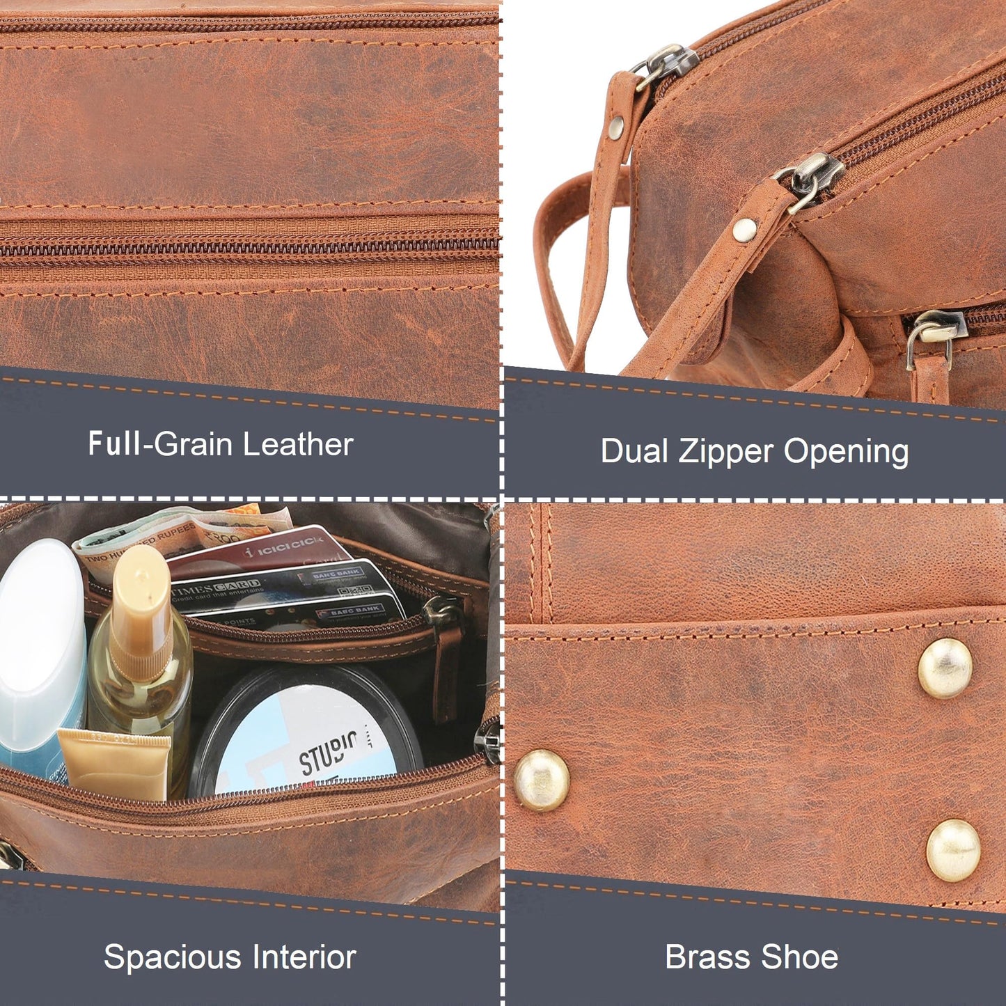 Leather Toiletry Bag – Stylish & Durable Dopp Kit with Water Resistant Lining – Travel Shaving Kit Organizer for Bathroom & Overnight Trips - Great Gift for Men & Women