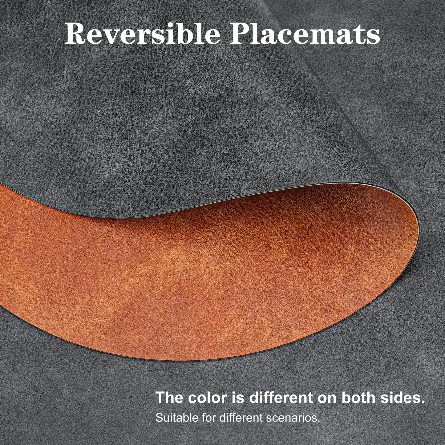 Pixieora Oval Placemats and Coasters Set of 8, Washable Reversible Faux Leather Placemats Cowhide Pattern Place Mats Wipeable Non-Slip 12 x 17 inch Kitchen Dining Table Mats (Gray Brown, 8)