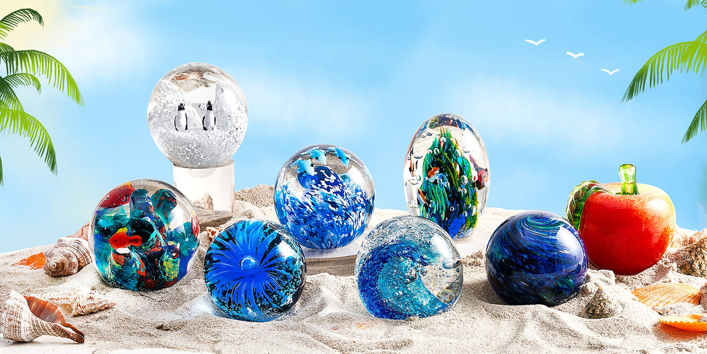 Hand Blown Glass Figurines Ball Ocean Waves,Office Paperweight Glass for Desk,Home Decor Collectible,Aquarium Decor,Office Decor Ocean Lovers (Planet)