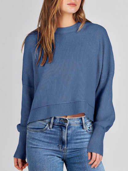 ANRABESS Womens Cropped Sweaters Oversized Crewneck Long Batwing Sleeve Side Slit Ribbed Knit Pullover Tops 2025 Fall Clothes
