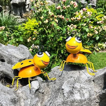 Metal Yard Art Garden Decor for Outside Cute Yellow Ladybugs Lawn Patio Ornaments Backyard Decorations Garden Gifts for Mom - Set of 2
