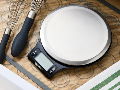 Amazon Basics Digital Kitchen Scale with LCD Display, Batteries Included, Weighs up to 11 pounds, Black and Stainless Steel