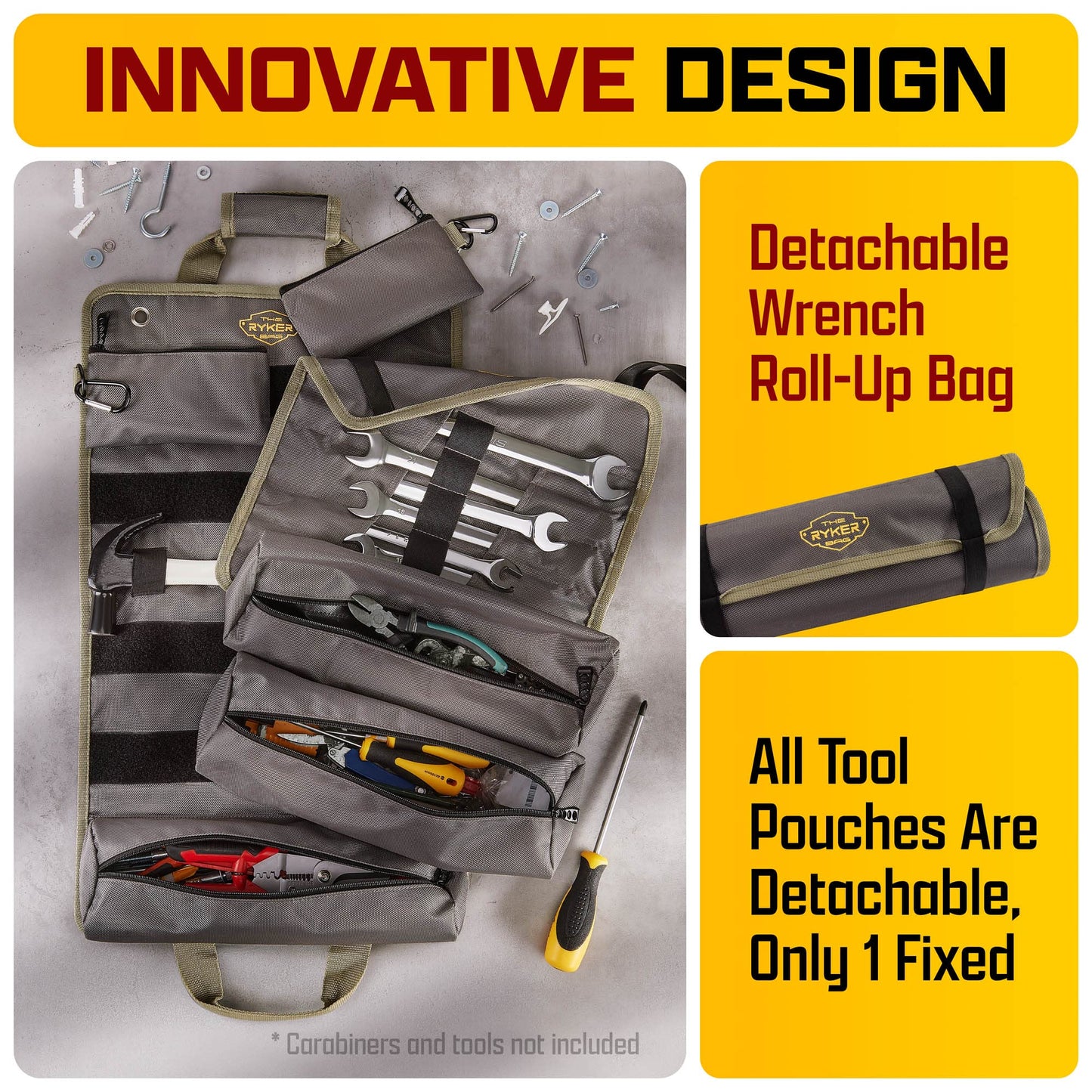 The Ryker Official PRO Tool BAG Organizer Heavy Duty Foldable Storage Bag with Detachable Pouches, Wrench Holder, Rugged Canvas for Mechanics, Electricians, Motorcycle Use, Practical Gift for Dads