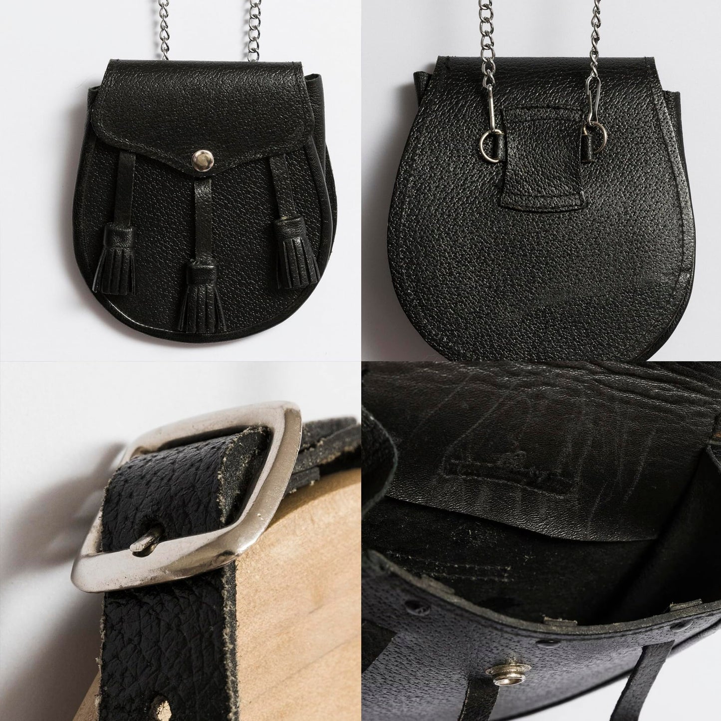 SZCO Medieval Sporran 8 Inch - Black Plain Celtic Style Leather Pouch with Tassels - Scottish Kilt Sporran with Chain Belt for Men - Medieval Bag for Costume & Renaissance Accessories