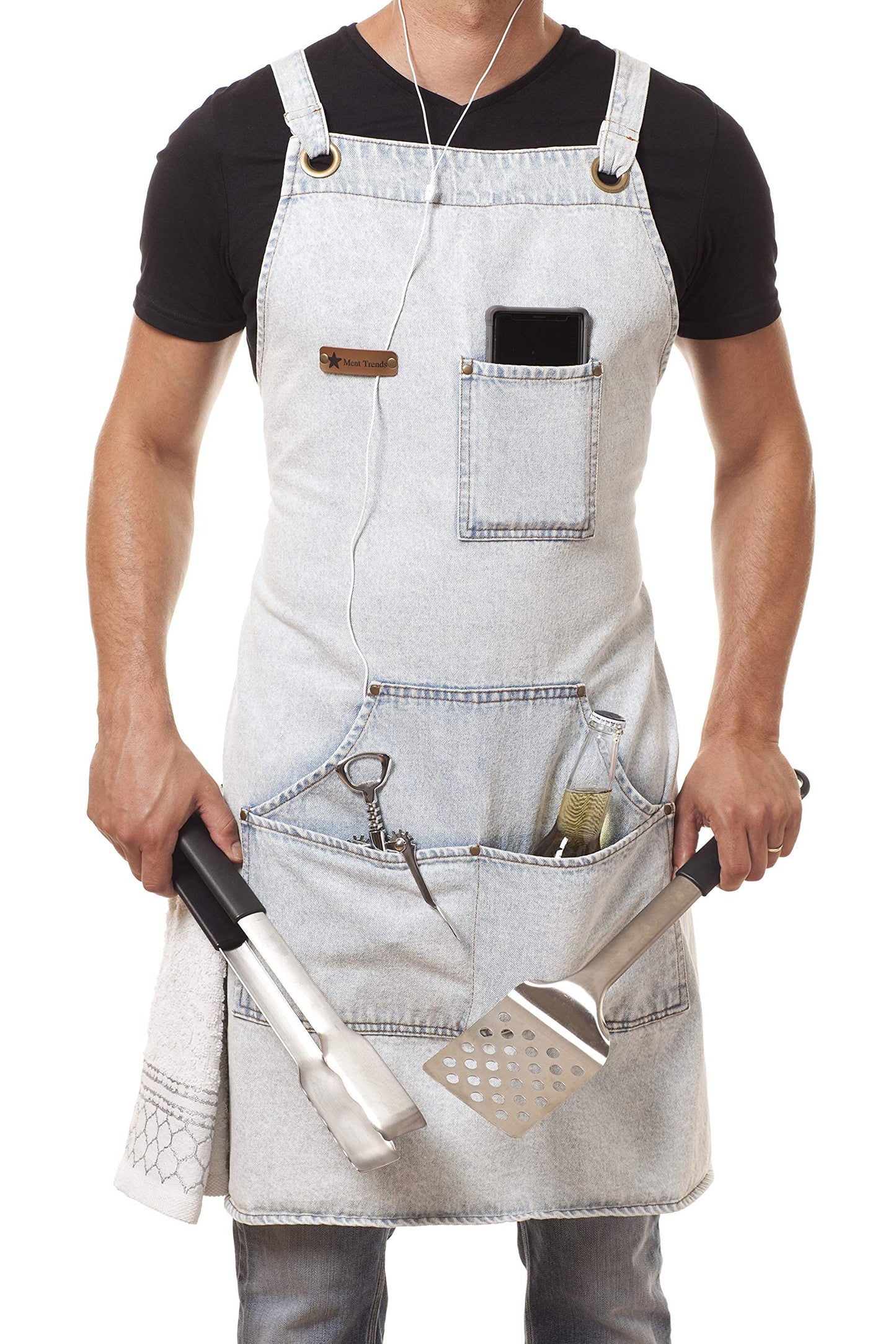 ARAWAK BRAVE Distressed Denim Apron Chef Kitchen BBQ Grill Light Blue Towel Loop + Quick Release Buckle + Tool Pockets Adjustable M to XXL