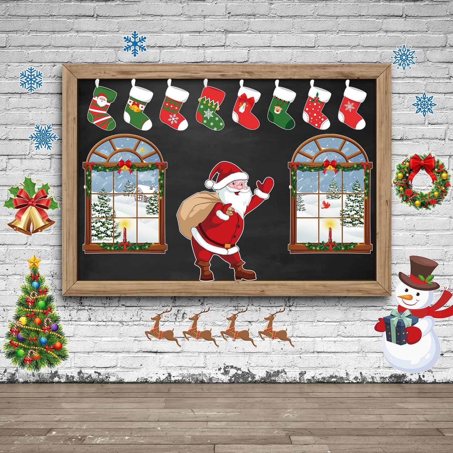 TaoBary 33 Pcs Christmas Bulletin Board Decorations Set for Classroom with Fireplace Santa Snowman Tree Window Garland Bell Stocking Gingerbread Xmas Cutouts for Office School Home Winter Party Decor