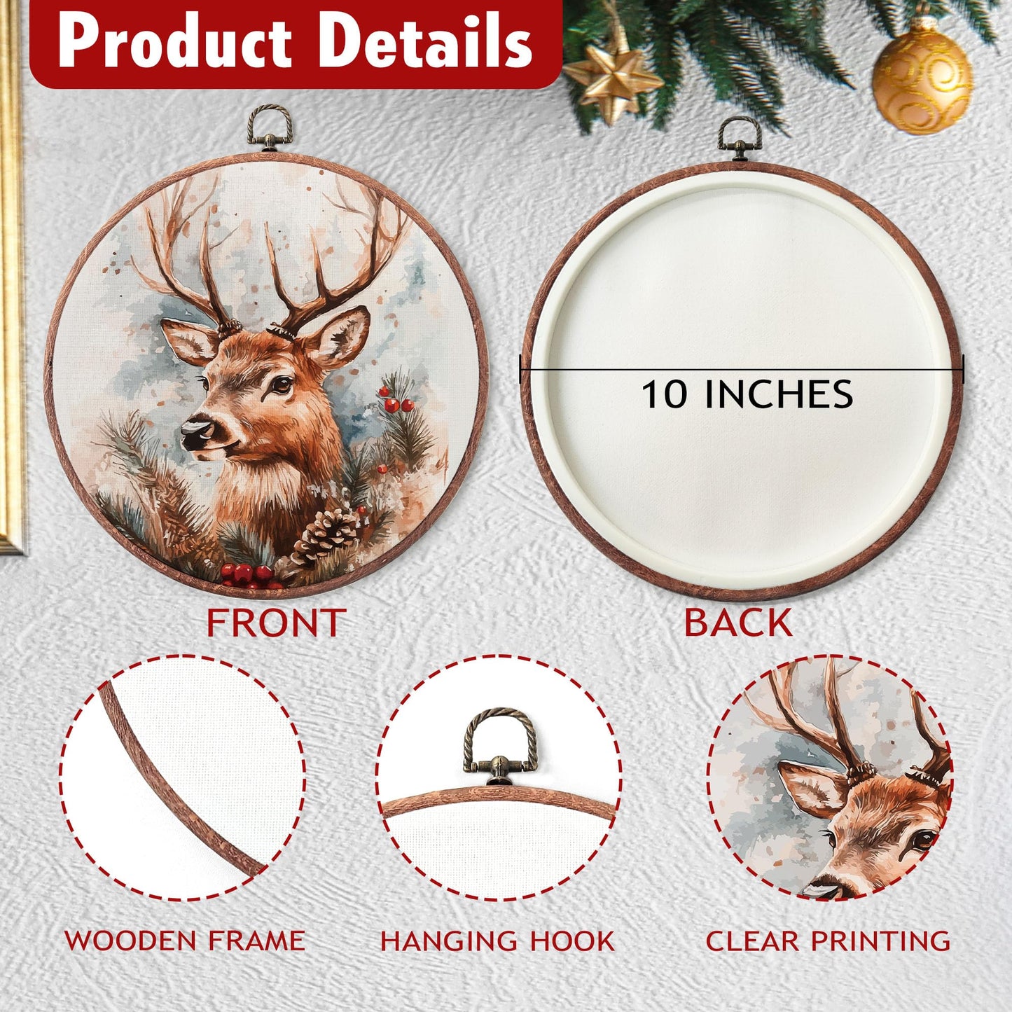 heiyihe Round Christmas Reindeer Canvas Hanging Prints, 10x10 Inches Round Christmas Canvas Frame Wall Art Decor, Embroidery Kit Decor for Home Living Room, Xmas Gift Ideas for Family Friends-A12