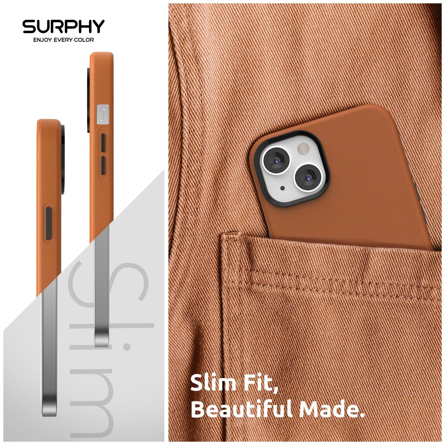 SURPHY Compatible with iPhone 13 Case, Premium Faux Leather Phone Case (with Metallic Buttons & Microfiber Lining) for 13 (6.1 inch 2021), Brown