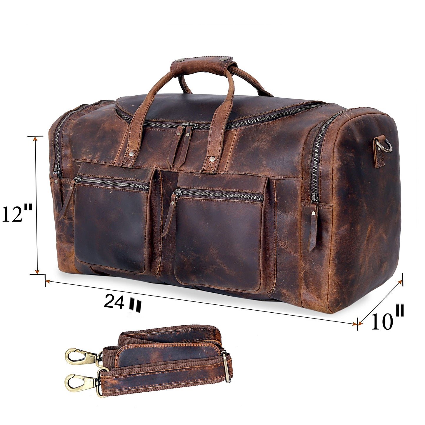28" Vintage Duffel Classic Style with Modern Outlook Retro Thick Full Grain Cowhide Handmade Airplane Underseat Carry On Bags Leather Gym Overnight Luggage Bag (24 inch)