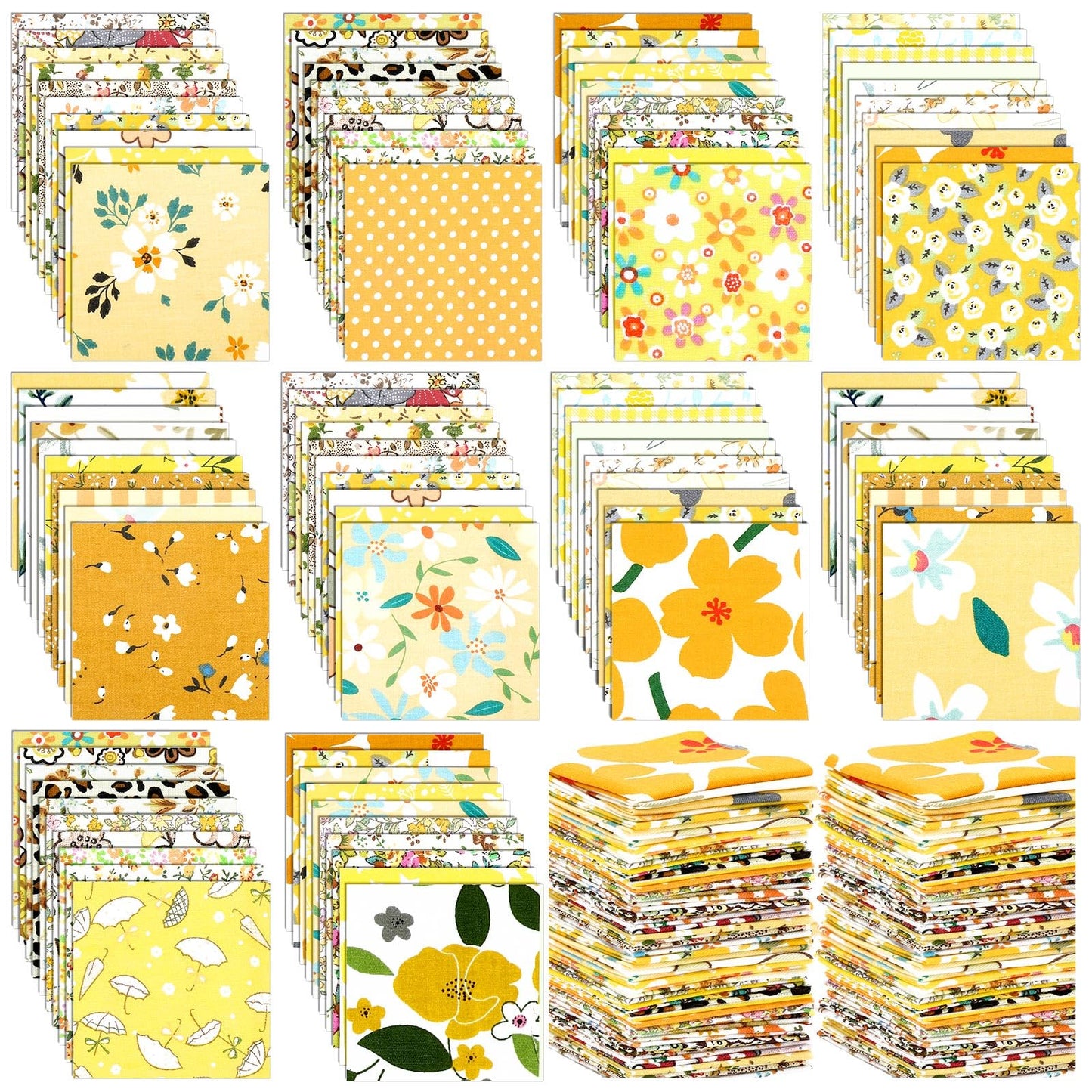 Kinlop 600 Pcs 4 x 4 Inch Cotton Fabric Square Christmas Precut Quilting Patchwork Fabric Bundles Printed Floral Holiday Sewing Materials for DIY Craft Gifts Quilting Projects(Yellow)