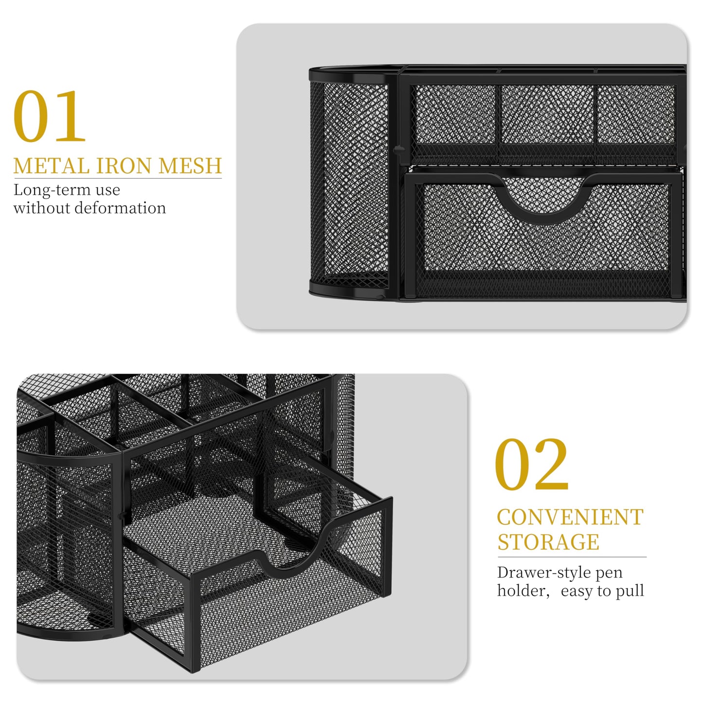SUPEASY Mesh Desk Organizer, Desk Accessories & Workspace Organizers with Drawers, Pencil Holder for Desk with 9 Compartments for Office Supplies, School, Classroom, 8.6 x 4.3 x 4.1 Inch, Black